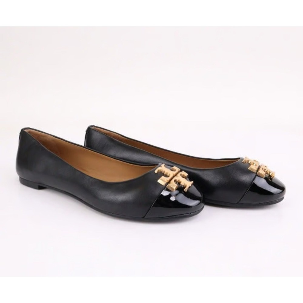 Tory Burch Ballet Flats Women 5.5 Black Excellent Leather Patent Logo Cap Toe